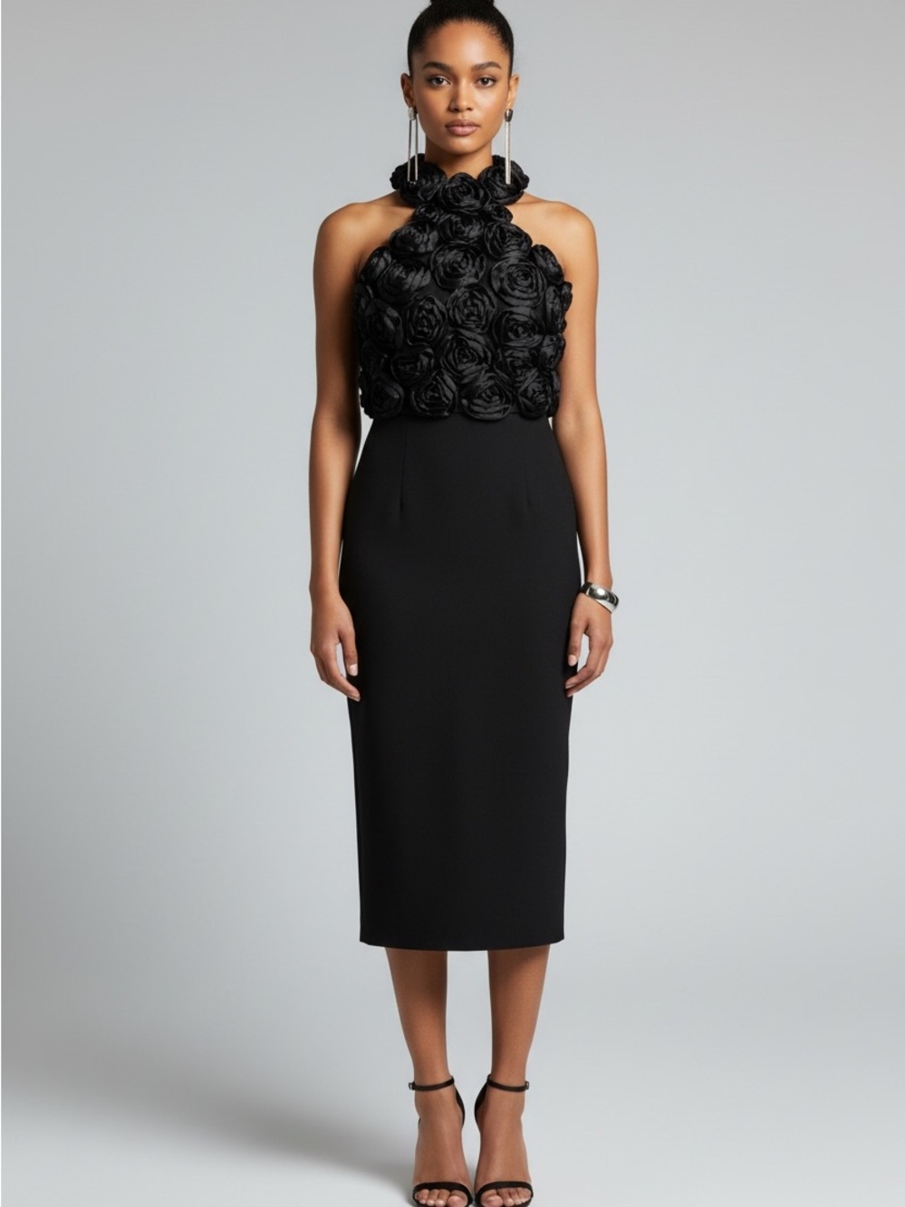 Elegant Black Halter Rosette Midi Dress